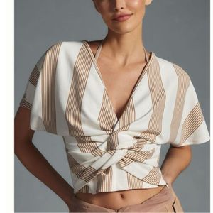 Anthropologie Cream and Tan Striped Twist-Front Crop Top